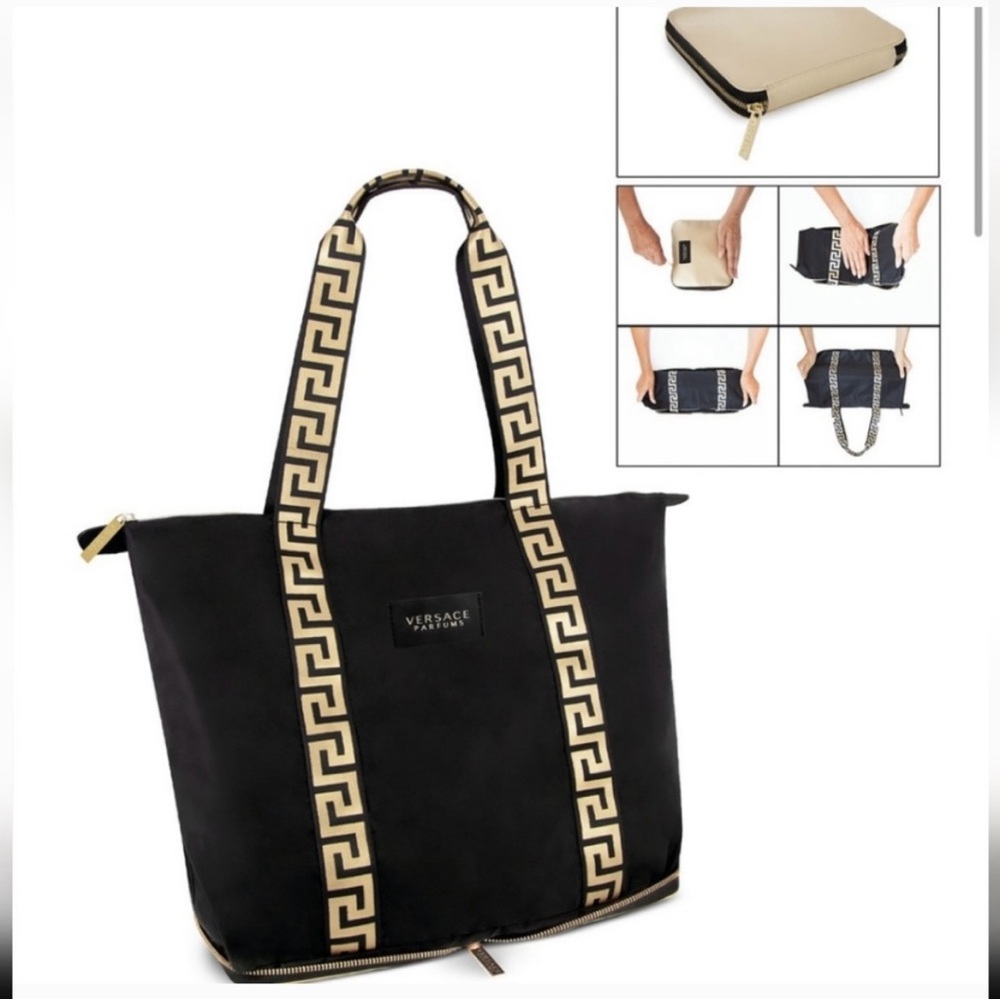Versace Black and Gold Geometric Tote Bag Pouch